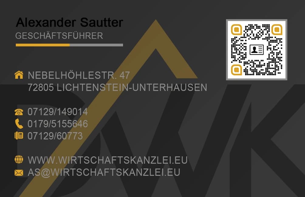 DWK — Visitenkarte Rückseite mit Kontaktdaten und QR-Code