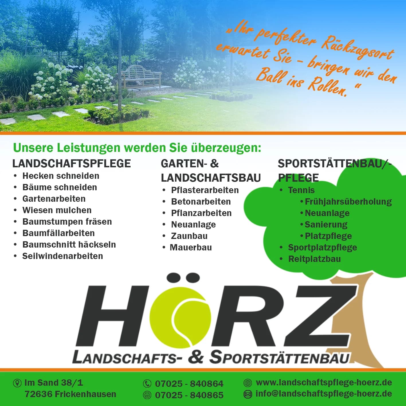 Hörz Landschaftsbau — quadratische Anzeige mit Baummotiv und Himmelverlauf