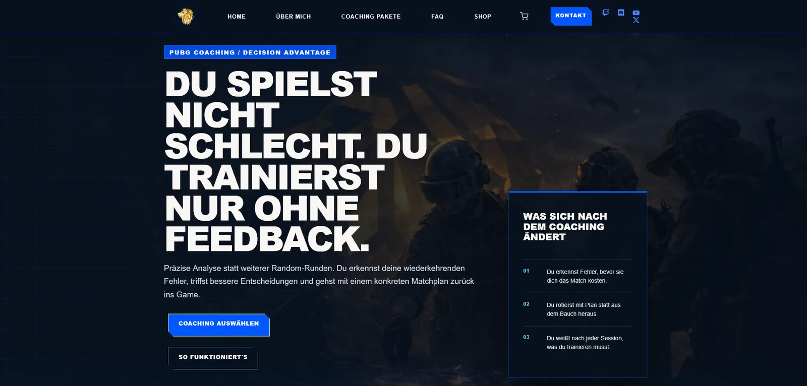 Heawin — Startseite der PUBG-Coaching-Website mit Headline, Einstiegsbereich und Nutzenliste