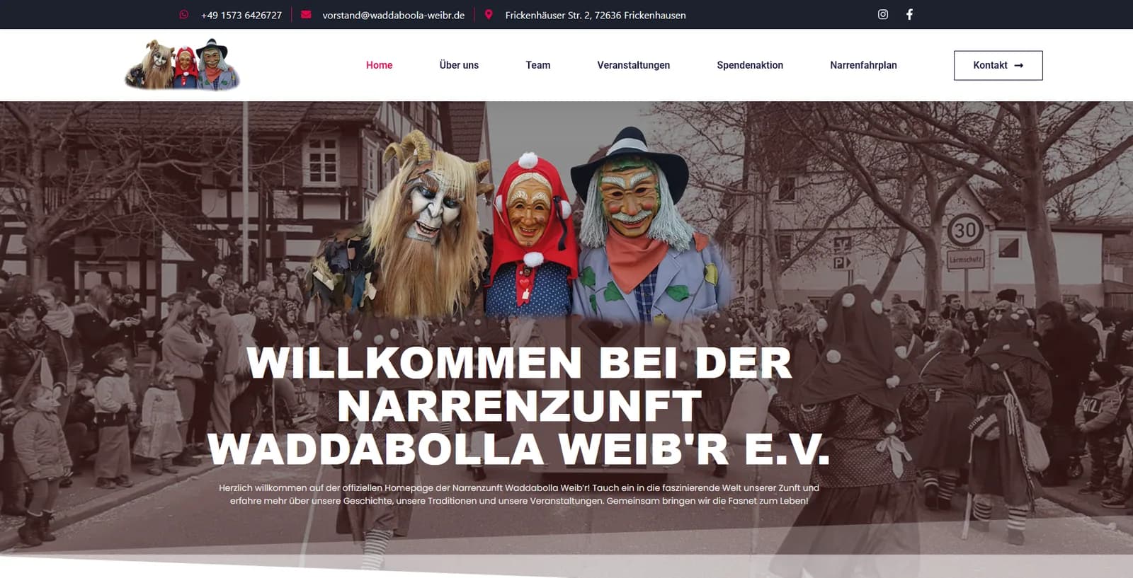 Narrenzunft Waddabolla Weib'r — Website-Startseite mit Bildwelt und Navigation