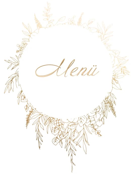 Menükarte der Hochzeit C+J: goldener botanischer Kranz mit Schriftzug Menü, von JH gestaltet