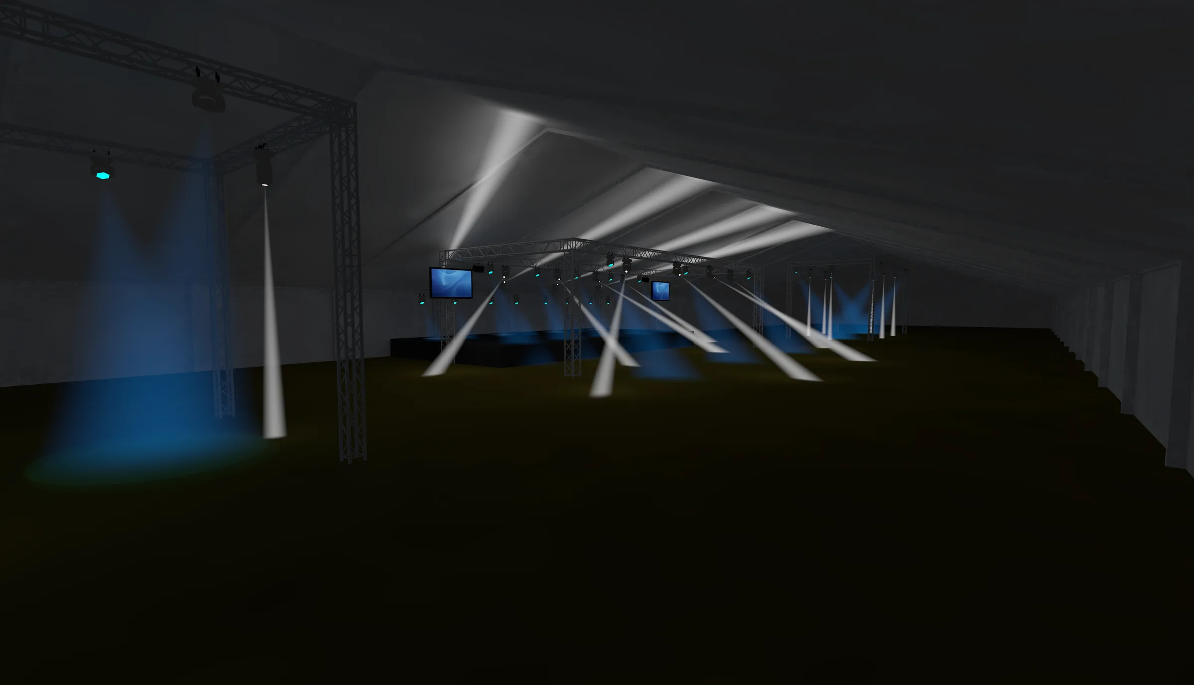 Licht-Previsualisierung The FIZ: der leere Raum als Simulation mit Traversen, Moving Heads und Lichtkegeln