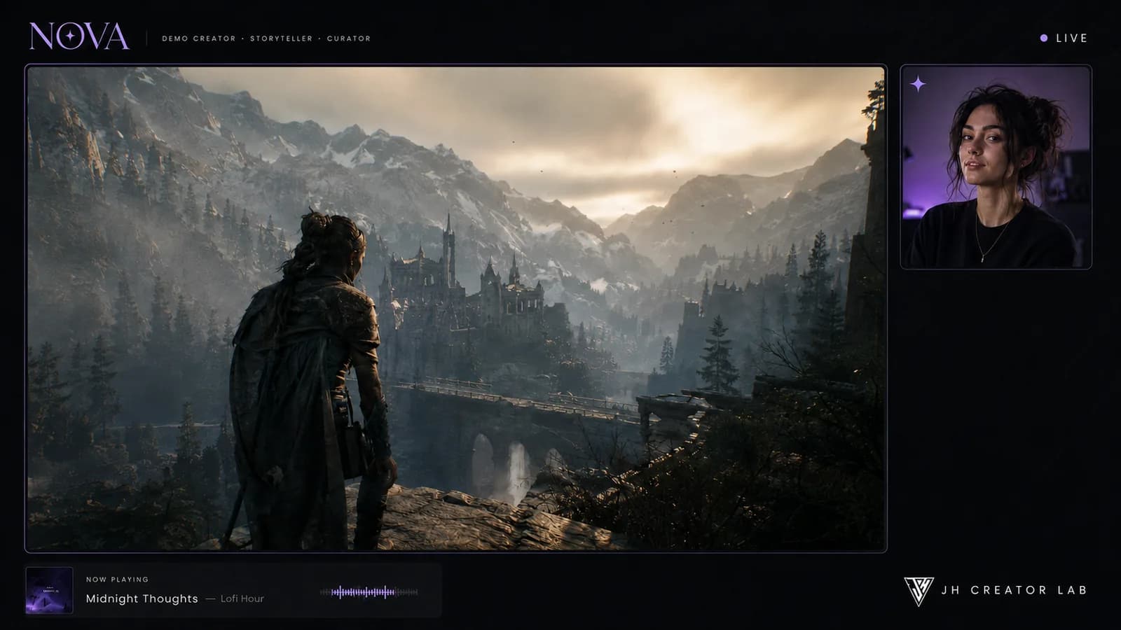 Live-Stream-Overlay aus dem JH Creator Lab: Gameplay, Creator-Cam, Now-Playing-Leiste und Live-Status, gezeigt am Demo-Creator NOVA