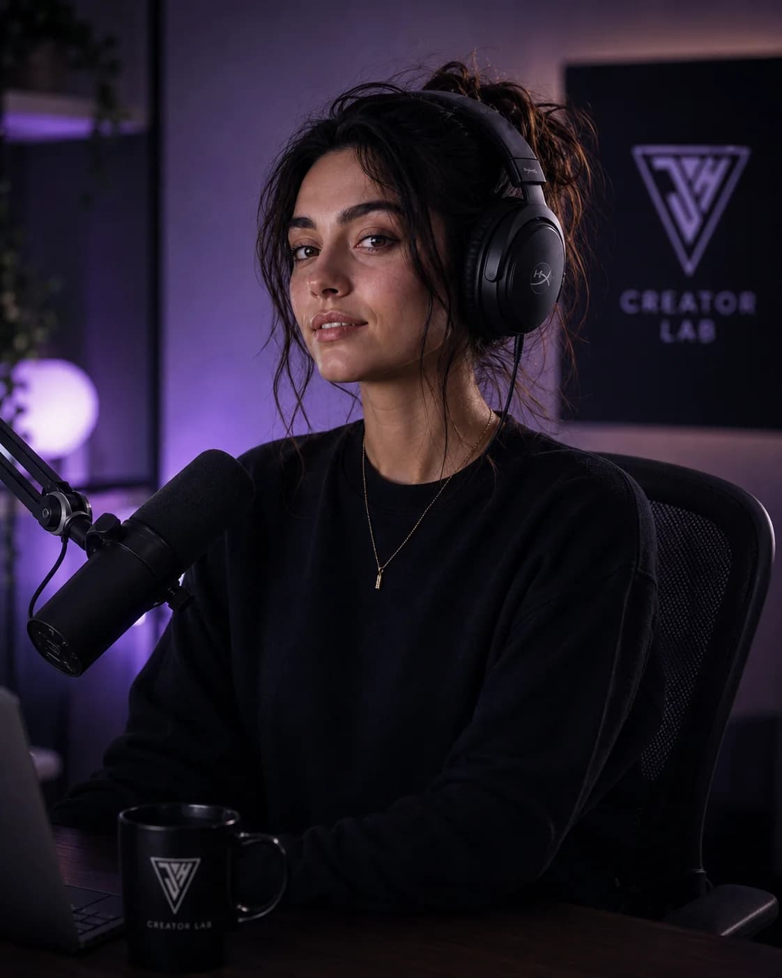 NOVA, die fiktive Demo-Creatorin des JH Creator Lab, mit Headset an ihrem Stream-Setup